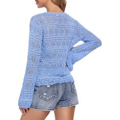 This knit top features a stylish and trendy hollow out design that adds a touch of sophistication. Spring Beach Sweater With Hollow Out Design, Spring Beach Sweater With Hollow Out Detail, Trendy Hollow Out Tops For The Beach, Trendy Hollow Out Tops For Beach, Trendy Long Sleeve Knit Top For Vacation, Chic Long Sleeve Hollow Out Tops, Knit Crochet Long Sleeve Top For Day Out, Spring Hollow Out Knit Sweater, Hollow Out Knit Sweater For Spring