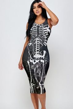 Women's Black Halloween Skeleton Print Midi Dress Fall Trendy Outfits, Ghoul Gang, Women Of All Sizes, Velvet Midi Dress, Skeleton Print, Midi Wrap Dress, Trendy Halloween, Halloween Skeleton, Tank Top Dress