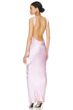 100% silk.  Made in USA.  Dry clean only.  Partially lined.  Pull-on styling.  Open back with rhinestone strap detail.  Sheen charmeuse fabric.  Shoulder seam to hem measures approx 58" in length.  .  .  .  .  .  .  .  . Revolve Prom Dress, Lilac Silk Dress, Party Color Palette, Preference Night, Moh Dress, Bridal Parties Colors, Hoco Inspo, Purple Evening Dress, Stunning Bridesmaid Dresses