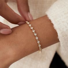 14k Bezel Setting Diamond Tennis Bracelet – FERKOS FJ Rose Gold Tennis Bracelet, Diamond Tennis Bracelet, Tennis Bracelet Diamond, Diamond Jewellery, Diamond Color, Diamond Bracelets, Stylish Jewelry, Arm Candy, Tennis Bracelet