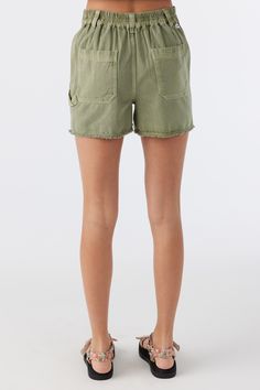 O'Neill Girl's woven short 3'' Inseam Length, 10'' Front Rise Slash Pockets Elastic at Back Waist Back Patch Pockets 100% Cotton twill | O'Neill Girl's Charli Ultility Shorts in Oil Green, Size XL, Twill Summer Khaki Cotton Shorts, Casual Green Shorts For Spring, Cotton Shorts With Frayed Hem, Khaki Shorts With Elastic Waistband, Olive Spring Shorts, Cotton Bottoms With Frayed Hem, Olive Summer Shorts, Casual High-waisted Green Shorts, Casual Green High-waisted Shorts