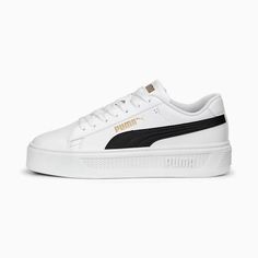 Smash Platform v3 Women's Sneakers, PUMA White-PUMA Black-PUMA Gold, extralarge Puma White Sneakers, Glam Dress, White Puma, Puma White, Sneakers Puma, Black Puma, Puma Suede, Toddler Boy Shoes, Puma Sneakers