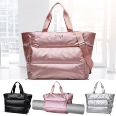 three different types of totes and one is black, pink, silver, or white