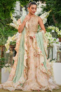 Thea – Sania Maskatiya International Silk Lengha, Sania Maskatiya, Printed Organza, Nikkah Dress, Georgette Dupatta, Gota Work, Engagement Dress, Engagement Dresses, How To Dye Fabric