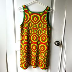 Nwt Excellent Condition A-Line Low Back Mini Dress Vintage Boho Psychedelic Blogger Vibrant Green Dresses With Colorful Pattern, Vibrant Green Dress With Colorful Pattern, Fitted Yellow Dress With Retro Print, Yellow Retro Print Summer Dress, Retro Colorful Dresses With Vibrant Print, Colorful Retro Dresses With Vibrant Print, Yellow Dresses With Retro Print For Summer, Retro Dresses With Vibrant Print, Retro Mini Dress For Vacation