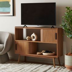 a flat screen tv sitting on top of a wooden entertainment center next to a potted plant