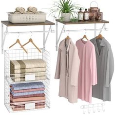 two white racks with clothes hanging on them and a basket full of towels next to it