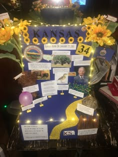 a bulletin board with information about kansas on it's front and back sides, decorated with sunflowers