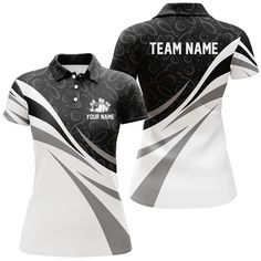 Strike a pose in our stylish Bowling Shirt – where comfort meets cool! 🎳 Elevate your game with this sleek design, perfect for rolling strikes and turning heads. Whether you're a casual bowler or a seasoned pro, our shirt adds a dash of flair to every frame. Let the good times roll! Jersey Design For Women, Black Moisture-wicking Polo Shirt For Team Events, Black Team Spirit Polo Shirt For Golf, Team Spirit Black Polo Shirt For Golf, Casual Fitted Sublimation Design For Team Events, Black Short Sleeve Tops For Cheerleading, Black Polo Shirt With Team Name For Team Events, Black Sublimation Print Polo Shirt For Golf, Black Polo Shirt With Sublimation Print For Golf