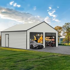 a car is parked in front of a garage with the door open to show it's contents