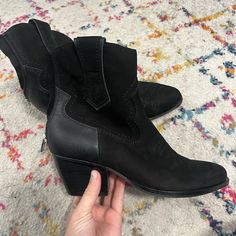 Black Mini Boots With Small Heel. Nice Stitching. Never Worn Chic Black Ankle Boot Booties, Black Low Heel Medium Width Heeled Boots, Chic Black Closed Toe Heeled Boots, Chic Black Ankle Booties, Black Low Heel Booties For Fall, Black Booties With Stacked Heel For Fall, Chic Black Boots With Stacked Heel, Black Low Heel Boots For Spring, Chic Black Heeled Boots With Low Heel