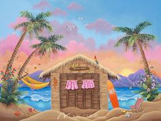 a painting of a hut on the beach with hammocks and surfboards in it