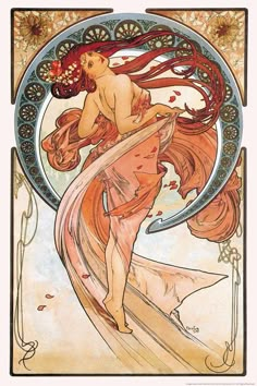 an art nouveau painting of a woman with flowing hair