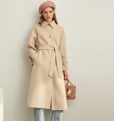 KhaKI  Women Winter Black Long Women Wool Coat Jacket Waist Belt Beige Long Sleeve Wool Coat For Winter, Long Sleeve Beige Wool Coat For Fall, Winter Beige Single-breasted Pea Coat, Elegant Wool Coat With Stand Collar For Fall, Classic Wool Coat With Stand Collar For Winter, Beige Stand Collar Outerwear For Office, Elegant Beige Outerwear With Lapel Collar, Wool Long Sleeve Outerwear For Cold Weather, Beige Wool Coat With Lapel Collar For Winter