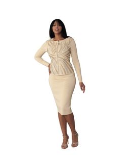 Kayla 5354 gold knit skirt suit Elegant Beige Winter Set, Elegant Beige Winter Clothing Set, Elegant Fitted Cardigan For Night Out, Fitted Pencil Skirt Suit For Fall, Fall Fitted Pencil Skirt Suit, Fitted Fall Pencil Skirt Suit, Fitted Beige Party Sweater, Elegant Fitted Beige Sweater, Elegant Fitted Formal Sweater