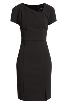 A bold asymmetric neckline lends modern detail to a sophisticated sheath dress made with comfortable stretch. 39" length Hidden back-zip closure Asymmetric neck Short sleeves Partially lined 96% polyester, 4% spandex Machine wash, tumble dry Imported Black Sheath Dress Outfit, Asymmetrical Sheath Dress For Work, Luxury Chic Asymmetrical Sheath Dress, Black Knee-length Asymmetrical Dress For Work, Sheath Dress Outfit, Solid Non-stretch Sheath Dress, Black Halo Sheath Dress Sleevless, Shapewear Dress, Black Pencil Dress