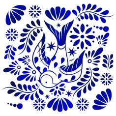 an artistic blue and white design with flowers