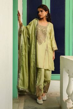 Green Party Wear Silk Kurta Set with Dupatta| Chanderi Silk| Zari Work Luxury Green Raw Silk Churidar, Luxury Unstitched Pista Green Suit For Party, Luxury Pista Green Art Silk Salwar Kameez, Luxury Katan Silk Sets For Festivals, Luxury Green Designer Wear Unstitched Suit, Luxury Silk Palazzo Set For Eid, Luxury Pista Green Kurta With Dupatta, Luxury Elegant Unstitched Pista Green Suit, Luxury Pista Green Slub Silk Churidar