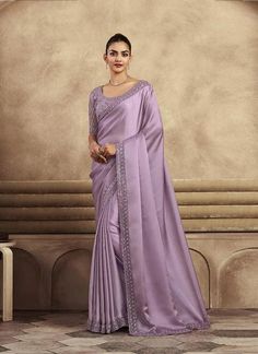 Lavender Sequin Saree with Embroidered Satin Silk Blouse for Party - VJV Now Casual Sarees Simple, Simple Fancy Sarees, Lavender Silk Saree, Saree For Engagement, Satin Silk Saree, Krishna Hd, Saree Bollywood, Sari Design, Sequin Saree