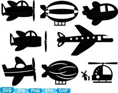 the silhouettes of different types of airplanes and planes are shown in black on a white background