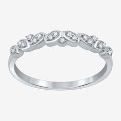 This wedding band has a timeless, vintage-style design you'll love wearing to celebrate your ever after. Crafted from Sterling Silver, this stackable ring features round-cut Lab-Grown Diamonds set in an ornate row of curved shaped cut-outs.Ring Style: Wedding Bands, Bands, Stackable RingsFeatures: StackableDiamond Clarity: I1Setting: Multi-SettingStone Cut: RoundDiamond Color: H-IMetal Color: WhiteRounded Carat Weight: 1/10 Ct. T.w.Care: Wipe CleanStone Type: 19 Lab Grown DiamondAuthenticity: La Formal White Gold Diamond Ring With Decorative Band, Classic Bands With Diamond Accents For Promise Ring, Anniversary Stackable Rings With Decorative Band, Classic White Gold Stackable Rings With Decorative Band, Classic Stackable Rings With Decorative Band For Promise, Classic White Gold Diamond Ring With Decorative Band, Stackable White Gold Bands For Anniversary, Classic Rings With Decorative Band For Marriage, Adjustable Wedding Diamond Ring With Diamond Accents