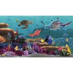 Finding Nemo XL Spray and Stick Wallpaper Mural Wall Murals RoomMates Mural Ocean Bedroom Kids, Nemo First Birthday, Finding Nemo Birthday Party Ideas, Nemo Birthday Party Ideas, Nemo Wallpaper, Easter Eggs In Movies, Nemo Movie, Disney Stores, Xl Wallpaper