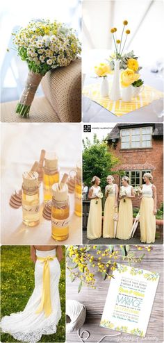 yellow and white wedding theme with flowers in vases, bridesmaid dresses, bridal gown