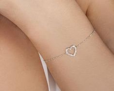 Gold Heart Bracelet 14K Rose Gold Bracelet Solid Gold Heart | Etsy Dainty Heart Pendant Bracelet For Anniversary, Yellow Gold Sterling Silver Heart Bracelet, Yellow Gold-colored Sterling Silver Heart Bracelet, White Gold Heart Bracelet With Heart Pendant As Gift, White Gold Double Heart Bracelet For Valentine's Day, Delicate Heart Bracelet With Heart Charm For Mother's Day, Dainty Heart Cut Bracelet For Anniversary, Dainty White Gold Heart Bracelet Gift, Delicate Heart-shaped Anniversary Bracelets