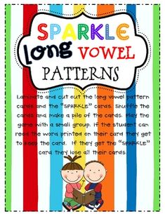 a poster with the words sparkle long - vovel patterns and two children on striped background