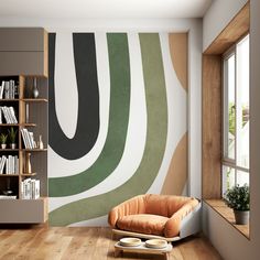 a room with a chair, bookshelf and bookcases on the wall