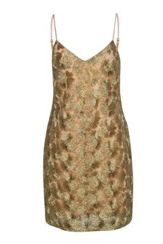 Current Boutique-Trina Turk - Gold Metallic Sleeveless Mini Dress Sz 4 Gold Sleeveless Mini Dress For Night Out, Gold Spaghetti Strap Dress For Gala, Gold Dress With Spaghetti Straps For Gala, Gold Mini Dress With Sequins And Spaghetti Straps, Metallic Sleeveless Dress For Party Season, Festive Gold Dress For Night Out, Festive Gold Cocktail Mini Dress, Evening Shimmer Sleeveless Dress, Metallic Sleeveless Summer Dress