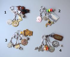 six different key chains with charms attached to them