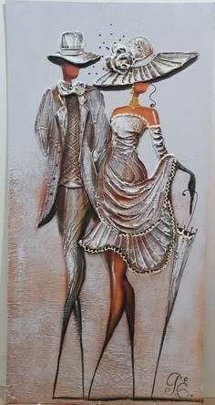 a painting of two people wearing hats and dresses