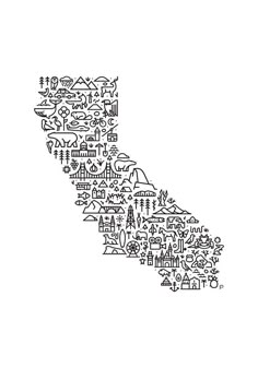 an illustrated map of the state of california in black and white, with icons all over it