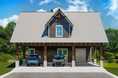 two cars are parked in front of a house with a metal roof and shingles