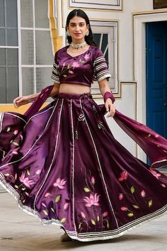 Purple lehenga with all over lotus bloom prints, elevated with gota patti embroidery. Paired with a coordinating blouse with gota patti panels on sleeves and dupatta. - Aza Fashions Traditional Drape Sets With Digital Print For Reception, Bollywood Style Sets With Digital Print For Reception, Bollywood Style Sets For Reception With Digital Print, Digital Print Sets For Reception With Traditional Drape, Festival Sets With Digital Print For Reception, Digital Print Sets For Reception And Festivals, Silk Choli With Digital Print, Fitted Dupatta With Digital Print For Reception, Fitted Digital Print Choli With Traditional Drape