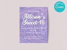 a purple and white swirly sweet 16 birthday party card with the words, madison's sweet sixteen on it