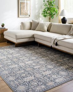 a living room with a couch and rug on the floor