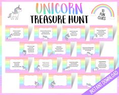 unicorn treasure hunt with rainbows and clouds in the background, on top of a pink striped