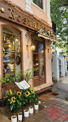 a store front with sunflowers and potted plants