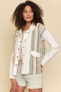 Stripe Mixed JacketButton downFront pocketsFrayed bottom hem-Shell/Contrast 100% Cotton, Lining 100% Rayon-Model wears: S / Model height: 5` 9.5" Spring Cotton Shacket With Button Cuffs, Spring Relaxed Fit Shacket With Button Cuffs, Spring Cotton Shacket With Buttons, Casual White Outerwear With Patch Pockets, Casual White Outerwear With Frayed Hem, White Cotton Outerwear With Buttoned Pockets, Relaxed Fit Button-up Outerwear With Frayed Hem, Trendy Spring Shacket With Button Cuffs, White Relaxed Fit Shacket For Spring