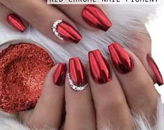 Rose Chrome Powder For Mirror Nails | Etsy Mettalic Red Nails, Red Chrome And Glitter Nails, Red Chrome Christmas Nails, Red Chrome Nails, Metallic Nails Design, Red Chrome, Red Christmas Nails, Mirror Nails, Christmas Gel Nails