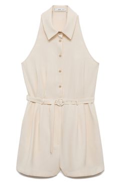 A tonal belt hugs the waist of this sleeveless romper topped by a cute spread collar. Front button closure Spread collar Sleeveless Removable belt 93% viscose, 7% polyester Machine wash, line dry Imported Summer Beige Belted Jumpsuits And Rompers, Beige Belted Jumpsuits And Rompers For Summer, Chic Belted Jumpsuits And Rompers For Spring, Chic Beige Belted Jumpsuit, Summer Workwear Belted Jumpsuits And Rompers, Summer Workwear Jumpsuits And Rompers With Belt, Casual Sleeveless Belted Jumpsuits And Rompers, Casual Belted Collared Jumpsuits And Rompers, Sleeveless Summer Jumpsuits And Rompers For Daywear