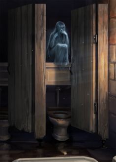 a bathroom scene with the ghost in the mirror