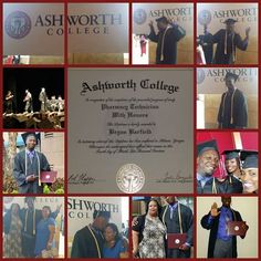 collage of photos from ashworth college's graduation ceremony, including one man in cap and gown