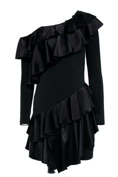 Current Boutique-Alice & Olivia - Black Ruffle One Shoulder Ruffle Dress Sz 6 Black Ruffled Party Dress, Tiered Ruffle Hem Dress For Party, Tiered Ruffle Dress With Ruffle Hem For Party, Winter Night Out Dress With Ruffles, Winter Party Mini Dress With Ruffles, Winter Ruffled Dress For Night Out, Winter Ruffle Dresses For Night Out, Winter Ruffle Dress For Night Out, Fitted Long Sleeve Ruffle Dress For Party