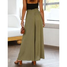 Army Green Elastic Waist High Waist Wide Leg Pants Bohemian Summer, Tie Length, Solid Color Pants, Loose Trousers, Boho Floral Dress, Swimsuit Dress, Elastic Waist Pants, Boho Maxi Dress, Dress Cuts