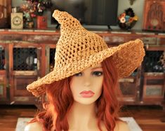 "Happy Summerween! You can certainly wear this witch hat all year, but it is specifically designed with Spring and Summer in mind! I made this from Raffia so it is airy, lightweight and still shapeable. Firm enough to stand on its own with that classic shape and the brim is wired. Airy enough to get through the heat and folds flat for travel. You can add your own flowers, pins, or whatever through the holes in the hat or wear it as is. Some stretch so one size fits most. -3\" wired brim -spot cl Witchy Wide Brim Hat One Size Fits Most, Handmade Witchy Hat With Curved Brim, Handmade Curved Brim Hat For Halloween, Handmade Witchy Wide Brim Hat, Handmade Curved Brim Halloween Hats, Handmade Wide Brim Hat For Halloween, Bohemian Costume Hat With Curved Brim, Handmade Wide Brim Witchy Hat, Bohemian Curved Brim Costume Hat