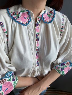 Romanian Blouse Romanian Outfit Vintage Outfit Bohemian Blouse Vintage Fashion Boho Blouse Hippie Embroidered Blouse Linen Blouse - Etsy Folk Style Embroidered Linen Top, Folk Style Linen Top With Floral Embroidery, Embroidered Linen Folk Tops, Folk Style Peasant Top With Boho Collar For Spring, Cream Folk Blouse With Long Sleeves, Cream Long Sleeve Folk Blouse, Long Sleeve Linen Top With Floral Embroidery, Spring Folk Style Cream Blouse, Beige Cotton Bohemian Blouse