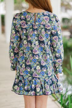 We are just waiting for you to lay your eyes on this adorable blouse! That colorful floral print is so pretty! We love that this blouse can be styled with skorts and jeans alike! Round neckline Button keyhole back Long sleeves Floral print No stretch Kate is wearing the small. Girl's Back, Tank Girl, Midi Maxi Dress, Shoes With Jeans, Swimwear Sale, Girls Rompers, Fall Shopping, Girl Falling, Navy Floral